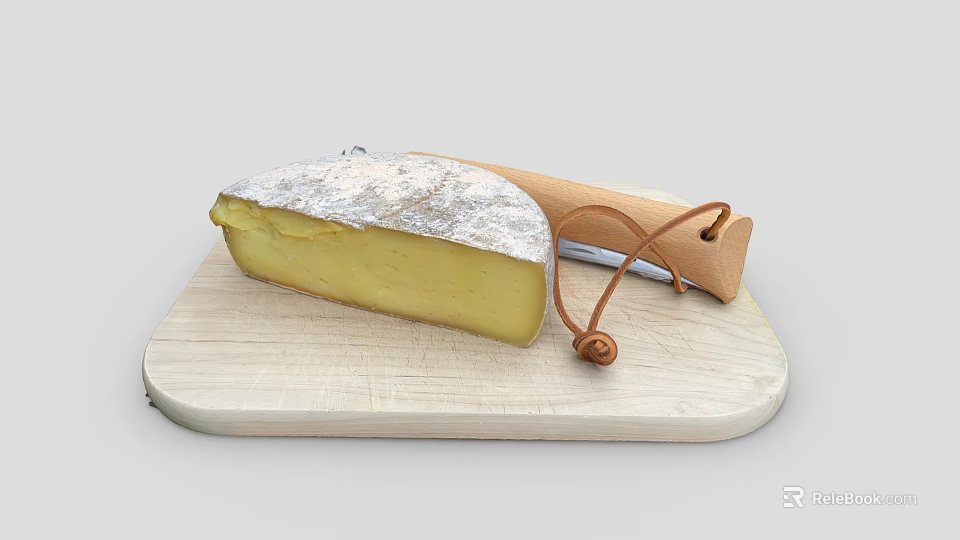 Artisanal Cheese Wedge On Wooden Cutting Board With Leather String Knife 3d model 