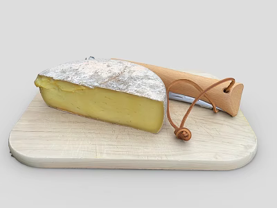 Artisanal Cheese Wedge On Wooden Cutting Board With Leather String Knife 3d model