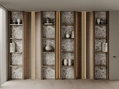 Elegant Wooden Decorative Cabinet With Shelves Vases Books And Patterned Background Wall 3d model