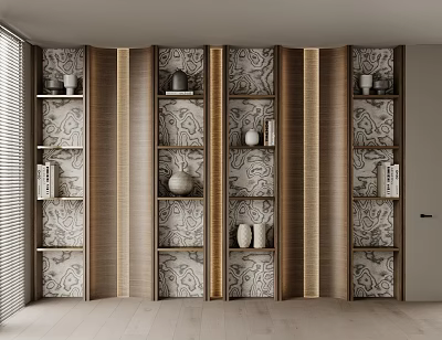 Elegant Wooden Decorative Cabinet With Shelves Vases Books And Patterned Background Wall 3d model