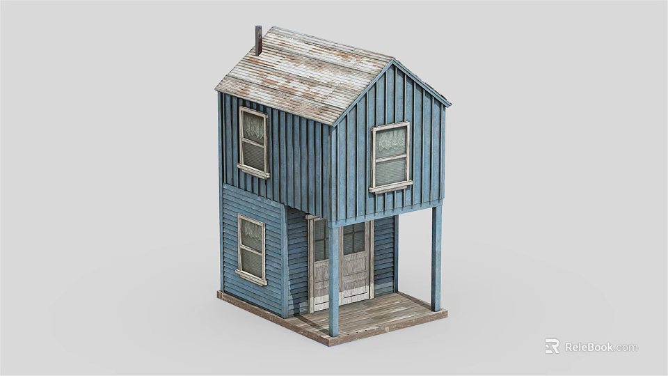 Cartoon Blue Two Story Wooden House With Gray Roof And Porch Windows 3d model 