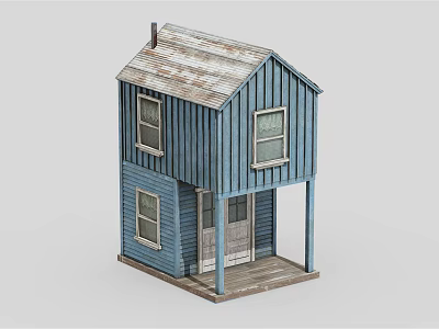 Cartoon Blue Two Story Wooden House With Gray Roof And Porch Windows 3d model
