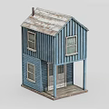 Cartoon Blue Two Story Wooden House With Gray Roof And Porch Windows