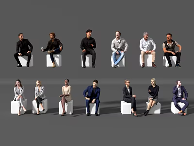 Group of People Sitting on White Cubes with Various Poses and Attire 3d model