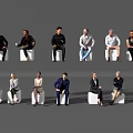 Group of People Sitting on White Cubes with Various Poses and Attire