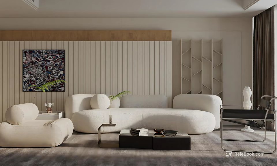 Modern Living Room Interior With Curved White Sofa Open Shelves And Decorative Art 3d model 