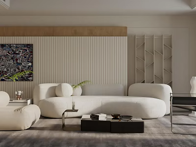 Modern Living Room Interior With Curved White Sofa Open Shelves And Decorative Art 3d model