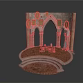 Medieval Stone Building Interior Design With Arched Doorways Circular Platform And Decorative Plaques