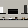 Modern Kitchen Appliances Display With Multiple Range Hoods And Cooktops And Pots On Shelf