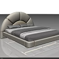 Beige Double Bed With Curved Headboard Gold Accents And Modern Mesh Design