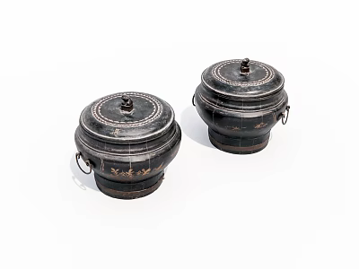 Two Black Ceramic Vessels With Lids And Handles On White Background 3d model