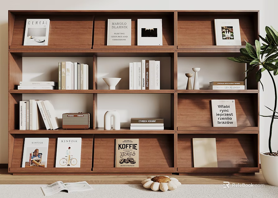 Wooden Multi tiered Bookshelf Featuring Books Decorative Prints And Potted Plant 3d model 