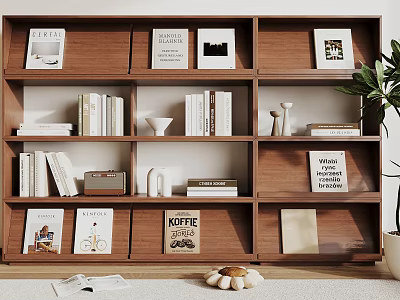 Wooden Multi tiered Bookshelf Featuring Books Decorative Prints And Potted Plant 3d model