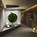Modern Clubhouse Interior With Wooden Shelves Stone Wall Pebble Path And Green Plants