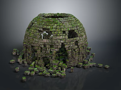 Cartoon Scene Of Moss Covered Broken Stone Built Dome With Scattered Stones 3d model