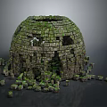 Cartoon Scene Of Moss Covered Broken Stone Built Dome With Scattered Stones