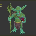 3D Fantasy Goblin Character With Green Skin Holding Trident Staff And Red Object