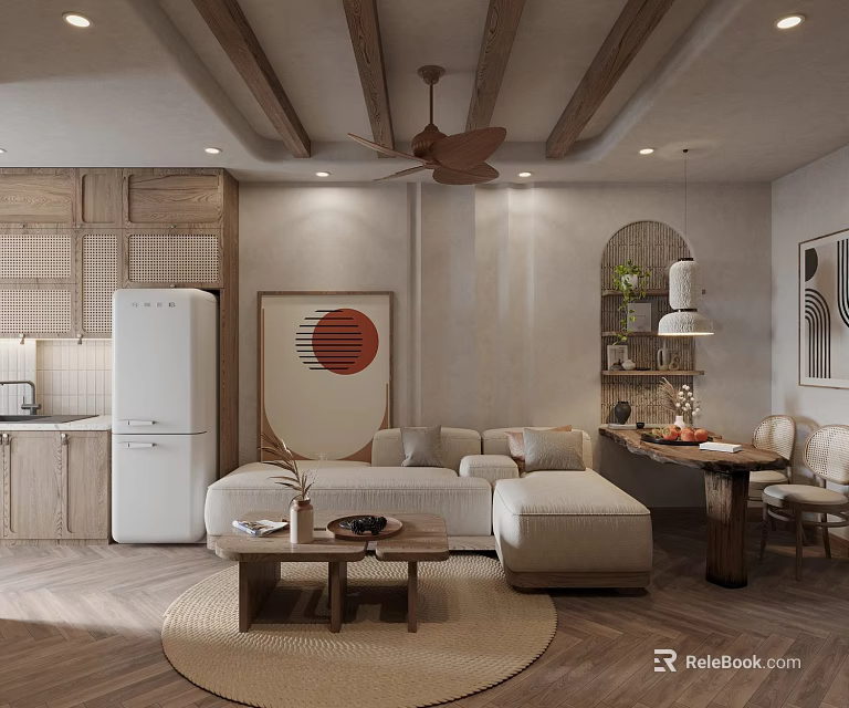 Modern Living And Dining Room Interior With Beige Sofa Wooden Ceiling And Round Rug 3d model 