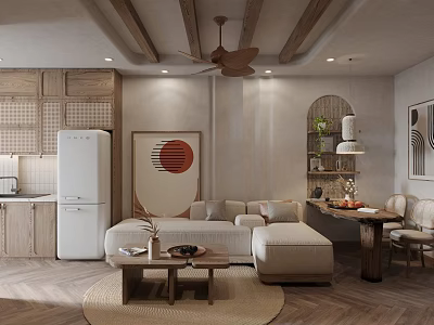 Modern Living And Dining Room Interior With Beige Sofa Wooden Ceiling And Round Rug 3d model