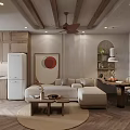 Modern Living And Dining Room Interior With Beige Sofa Wooden Ceiling And Round Rug