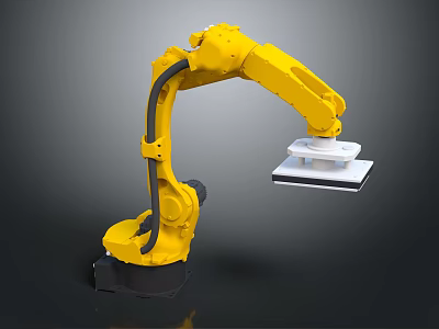 Intelligent Yellow Robotic Arm Handling White Object In Industrial Workshop 3d model