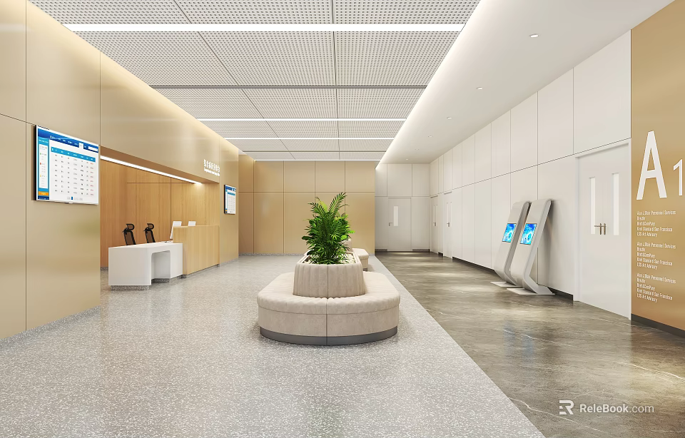 Modern Hospital Outpatient Clinic Reception Area With Kiosks And Plants 3d model 