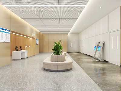 Modern Hospital Outpatient Clinic Reception Area With Kiosks And Plants 3d model