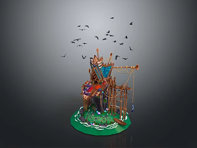 Cartoon Scene with Fantasy Wooden Cottage on Green Base and Flying Birds Around Ropes Pulleys 3d model