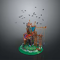 Cartoon Scene with Fantasy Wooden Cottage on Green Base and Flying Birds Around Ropes Pulleys