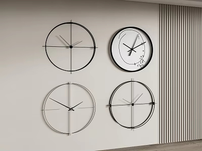 Four Modern Clocks Hung on Light Wall With Unique Designs Near Vertical Striped Decor 3d model