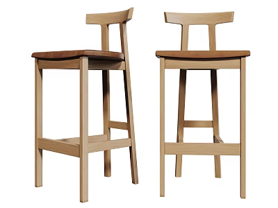 Modern Wooden Bar Stools With Brown Seat And Stylish Backrest Design 3d model