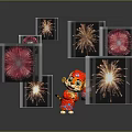 Cute Tiger Character In Red Outfit With Colorful Fireworks