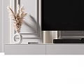 Elegant TV Stand With Flat Screen TV Decorative Vase Striped Wall And Glass Door Bookshelf
