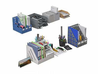Organized Office File Folders Storage With Document Organizers And Desk Stationery Supplies 3d model