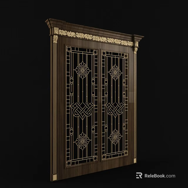 Elegant Classic Wooden Entrance Door With Ornate Carvings And Metal Accents 3d model 