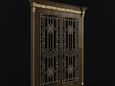 Elegant Classic Wooden Entrance Door With Ornate Carvings And Metal Accents 3d model