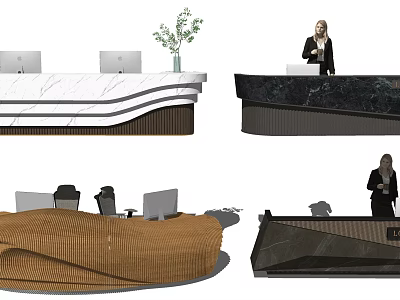 Modern Reception Desk Designs With Curved Marble Tops Computers And Staff 3d model