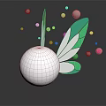 White Spherical Creature With Green White Wing Structures And Floating Dots On Black Background