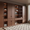 Modern Dark Wooden Storage Cabinet With Multiple Compartments Books Decorative Items And Window