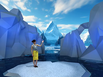 Woman In Yellow Skirt Standing By Ice Blue Rock Structures With Snowy Mountain Background 3d model