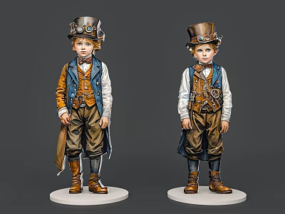 Steampunk Style Boys Wearing Top Hats Goggles Vests Trousers And Boots On White Bases 3d model