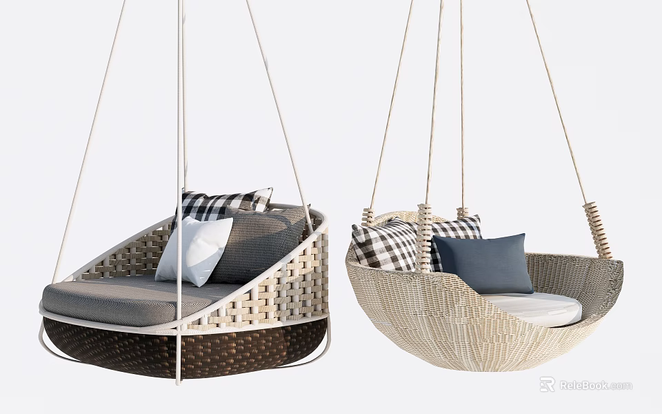 Outdoor Hanging Wicker Chairs With Plaid And Solid Pillows In Dark And Light Tones 3d model 
