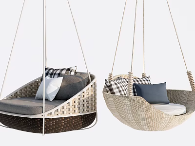 Outdoor Hanging Wicker Chairs With Plaid And Solid Pillows In Dark And Light Tones 3d model