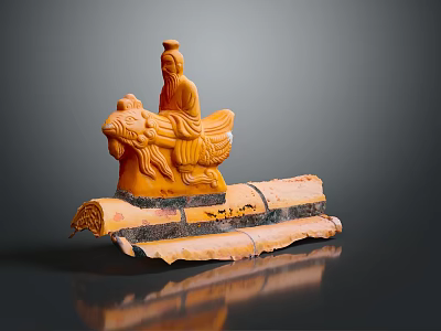 Orange Ancient Sculpture With Seated Figure Riding Lion On Tile Base 3d model