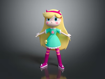 Cute Game Movie Character with Long Yellow Hair Green Dress Pink Stockings and Red Horns 3d model
