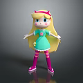 Cute Game Movie Character with Long Yellow Hair Green Dress Pink Stockings and Red Horns