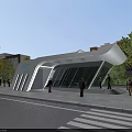 Modern Bus Stop With Curved Roof And Transparent Glass Structure Featuring Pedestrians And Trees