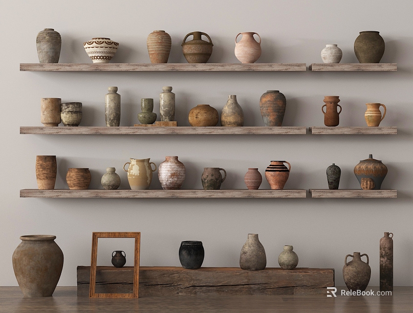 Ceramic Vessels Display On Wooden Shelves With Various Shapes And Natural Tones 3d model 