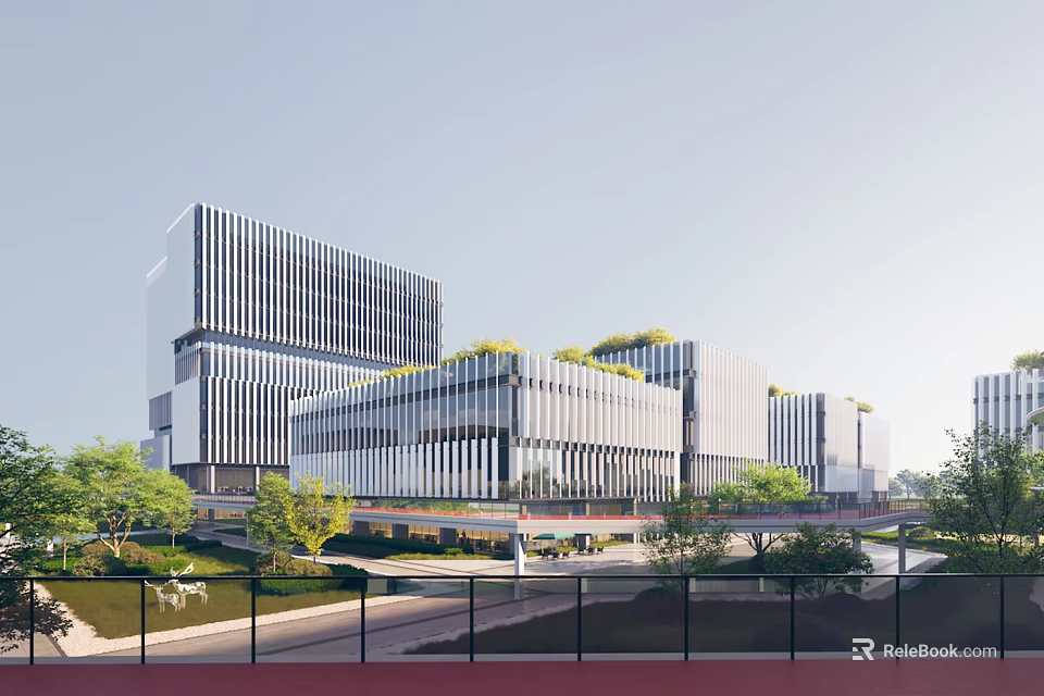 Aerial Planning of Modern Urban Complex with Glass Curtain Walls Rooftop Greenery and Surrounding Roads 3d model 