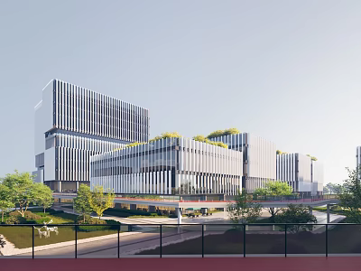 Aerial Planning of Modern Urban Complex with Glass Curtain Walls Rooftop Greenery and Surrounding Roads 3d model